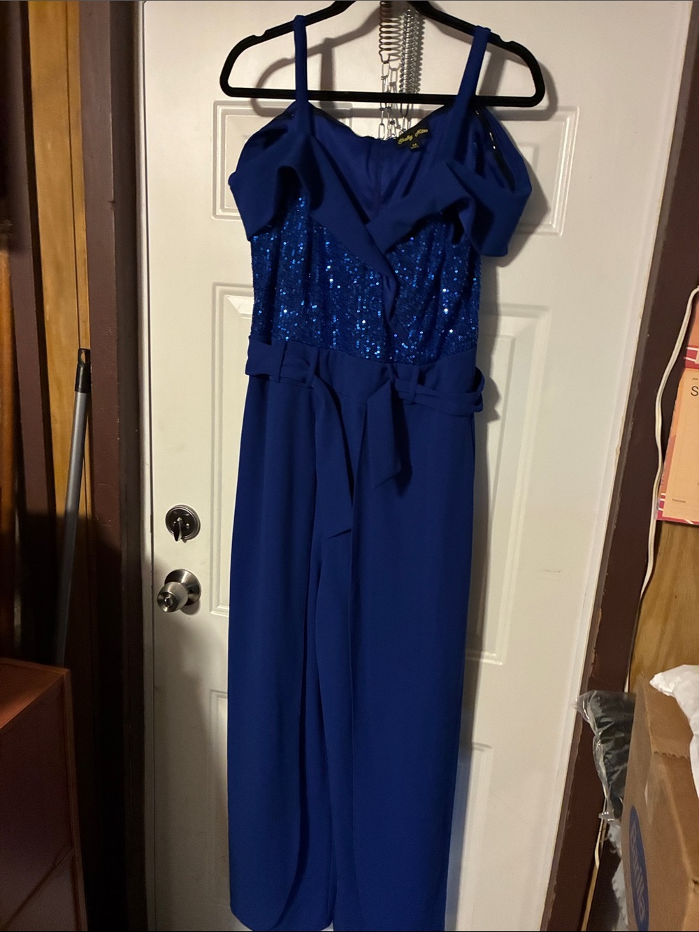 Royal Blue Sequin Bodice Strap Jumpsuit with Self Tie Waist